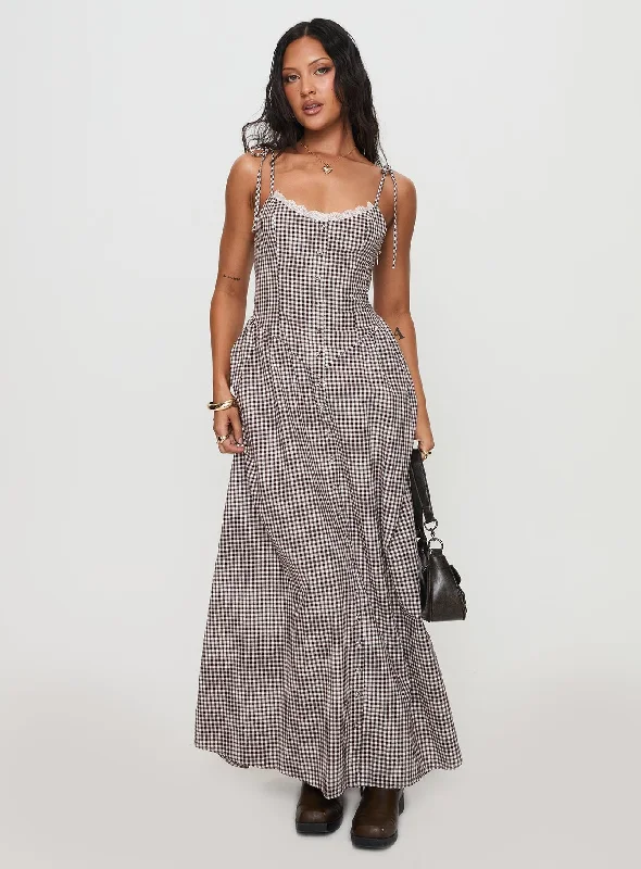 Elevate your look with premium women’s wear Dalanie Tie Strap Maxi Dress Brown Gingham Petite Elevate your look with premium women’s wear Dalanie Tie Strap Maxi Dress Brown Gingham Petite