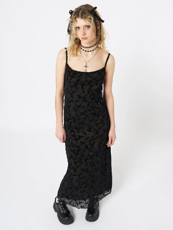 Feminine silhouettes for the modern woman   Titania Black Mesh Maxi Dress