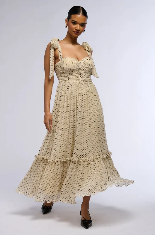 Refresh your closet with chic and comfy styles   SWEETEST DREAM POLKA DOT TIE SHOULDER MIDI DRESS