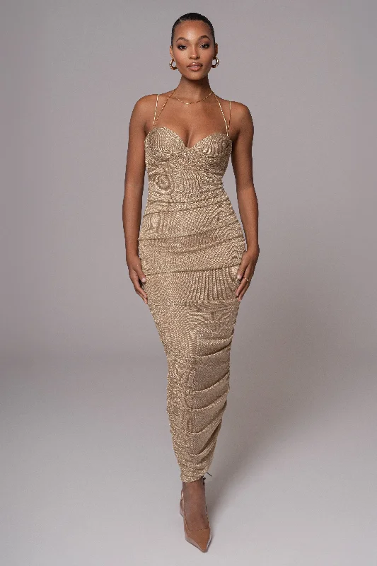 Bold and beautiful clothing for every woman   Gold Ruched Metallic Maxi Dress