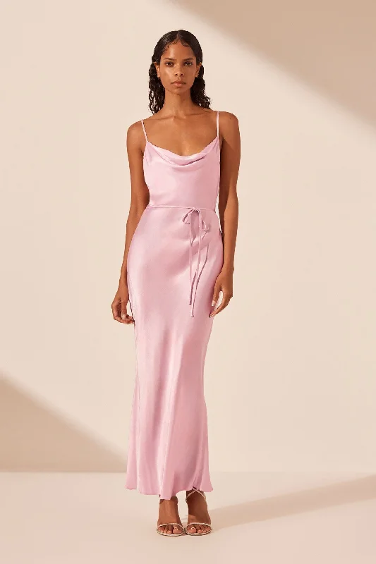 Feminine fashion to express your unique style   LA LUNE BIAS COWL MIDI DRESS - PEONY