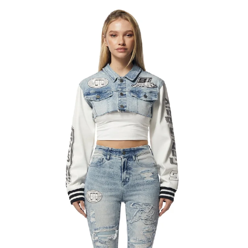 Sporty-chic women’s apparel for active lifestyles   Cropped Jean Racing Jacket - Lowell Blue