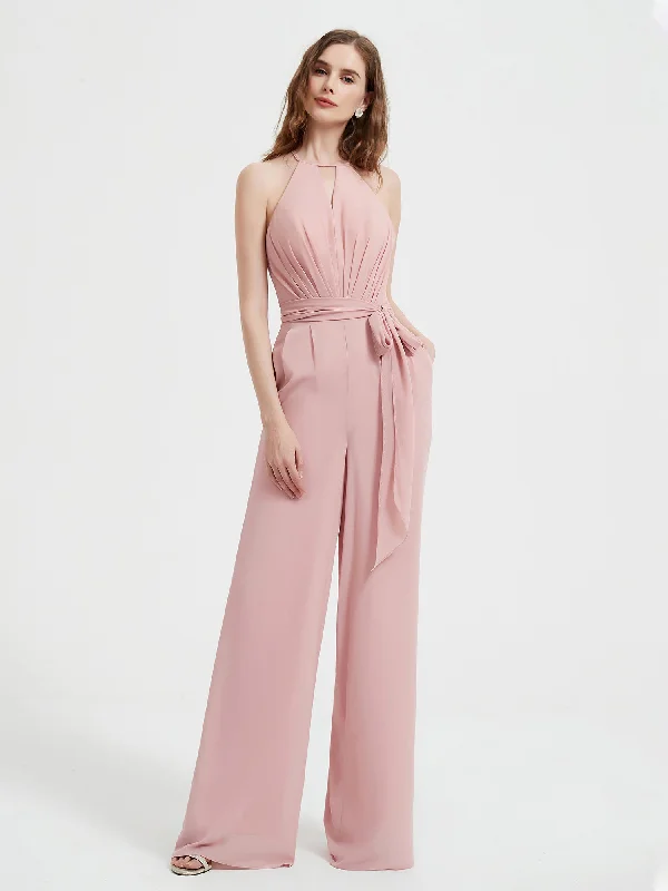 Look and feel your best in our women’s wear   Halter Neckline Sleeveless Pleated Jumpsuit With Sash Dusty Rose