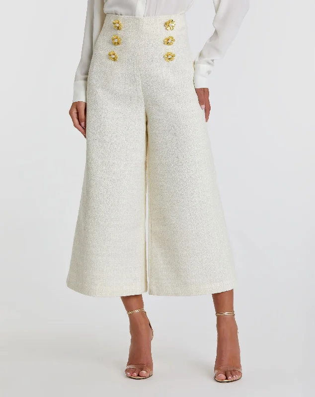 Ivory Tweed High Waisted Wide Leg Sailor Pant with Gold Buttons