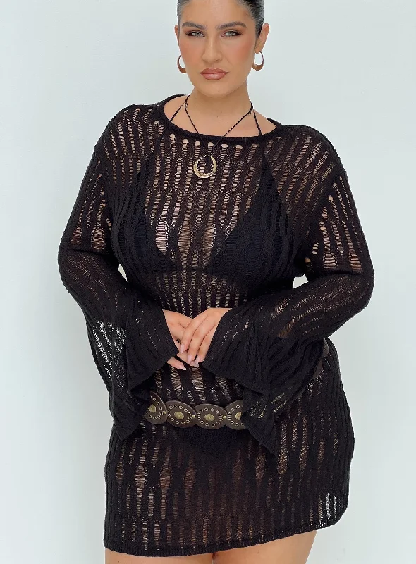 High-fashion styles at affordable prices   Cylian Long Sleeve Knit Mini Dress Black Curve
