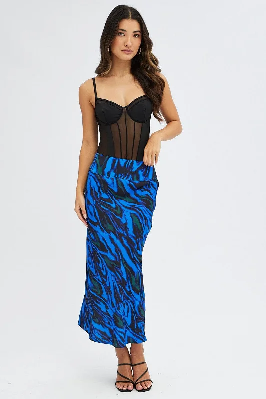 Blue Abstract Midi Skirt High Waisted Satin Bias Cut