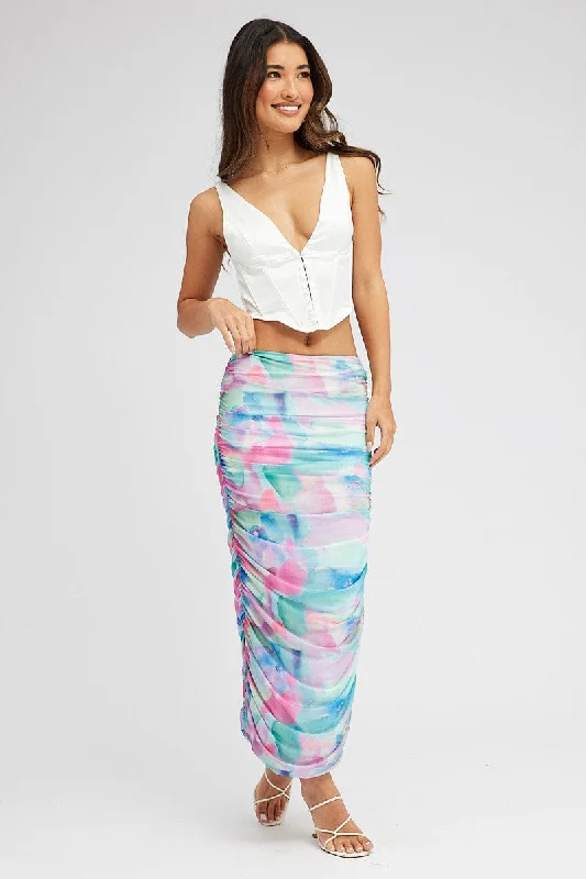 Stylish and comfortable outfits for women   Multi Abstract Midi Skirt Side Ruched Mesh