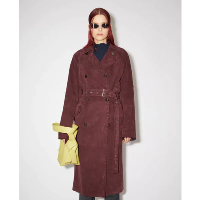 New 2024 Maroon Suede Long Leather Duster Trench Coat For Women