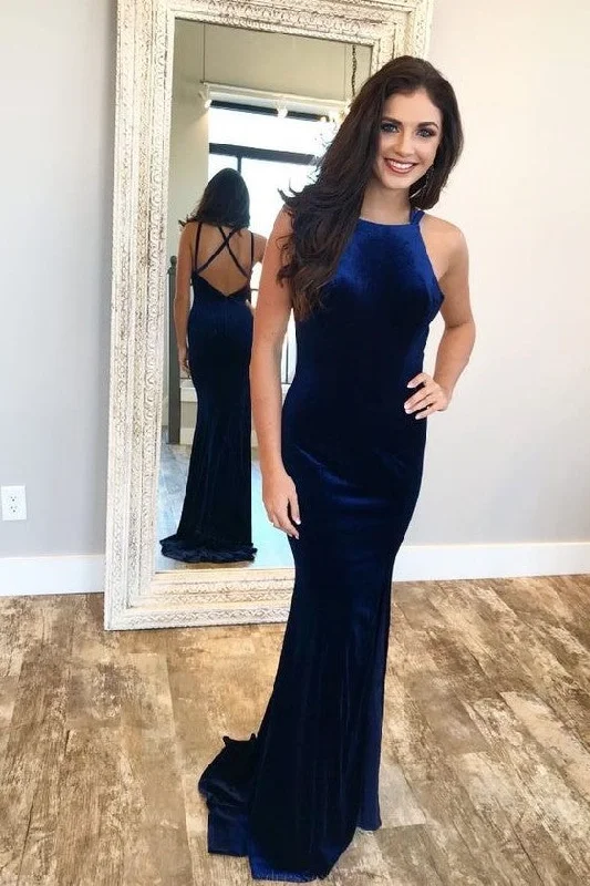 A perfect wardrobe for fashionable women   Velvet Long Royal Blue Evening Gown with Strappy Back