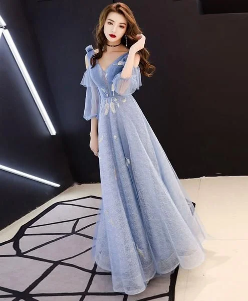 Affordable fashion that looks high-end   Blue v neck tulle lace long prom dress, blue evening dress  cg6416