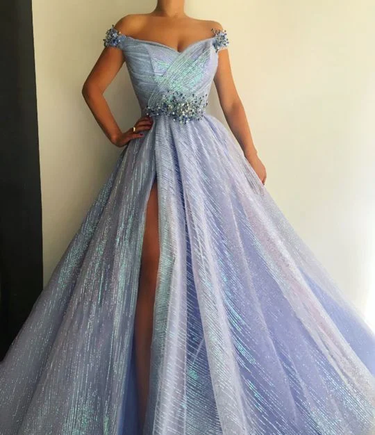 Comfortable yet stylish outfits for women on the go   Charming Sweetheart Neckline,Sexy Off Shoulder ,Short Sleeves,A Line Prom Dress , Floor Length,Sexy High Slit ,Flower Applique  cg6525